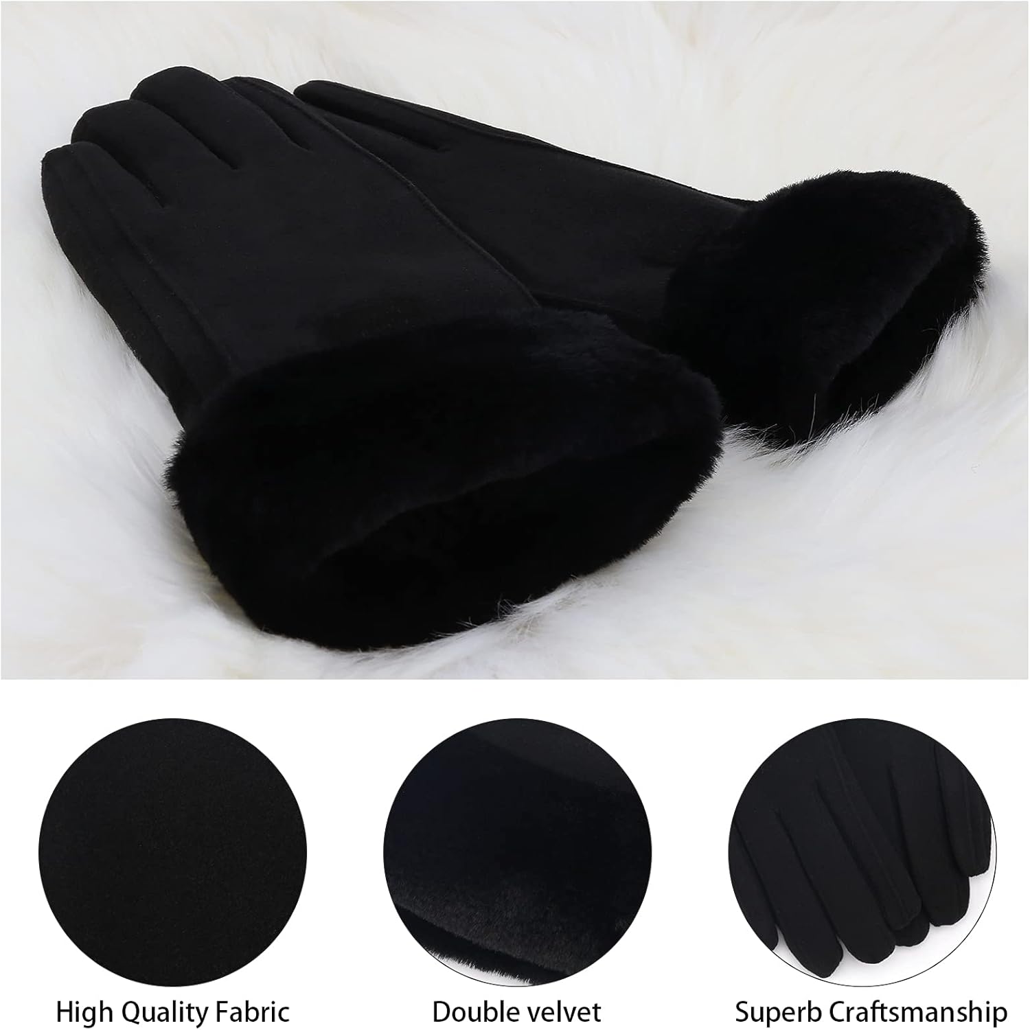 Warm women's winter gloves with thermal fleece text Black M