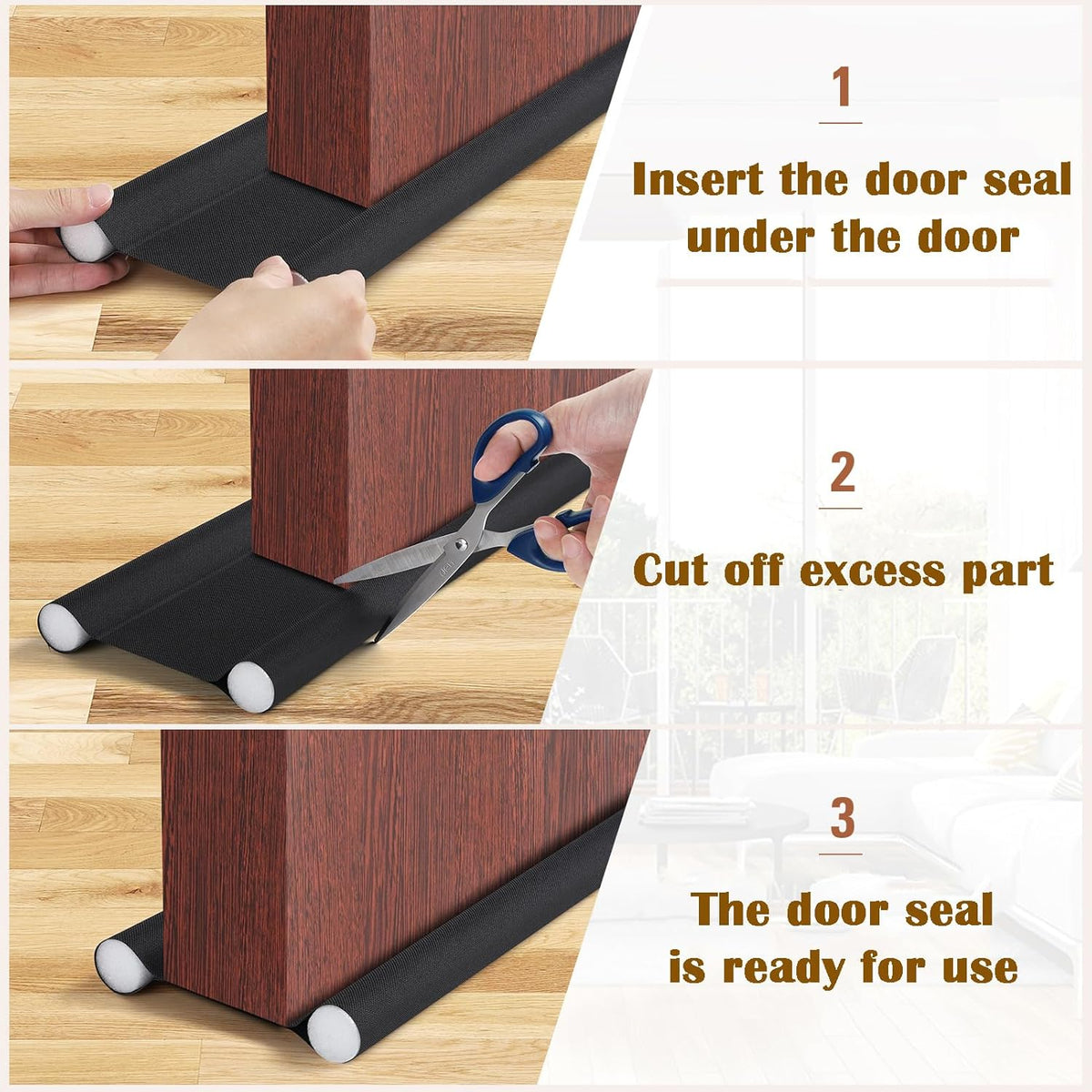 Insulated Door Draft Stopper with Eco-Friendly Oxford Fabric, Petluno 93cm Cut to Size, Double for Internal Doors 3-5 cm, Black