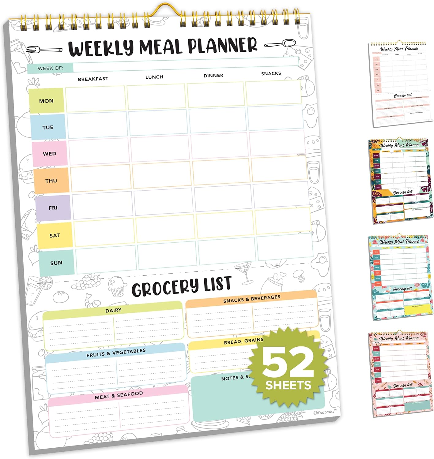 Petluno 52 Sheets Pastel Rainbow Undated Magnetic Weekly Meal Planner for Fridge with Grocery List and 4 Strong Magnets - 7x10in Spring-Bound, Refrigerator Mountable, Easy Tear-Off Design