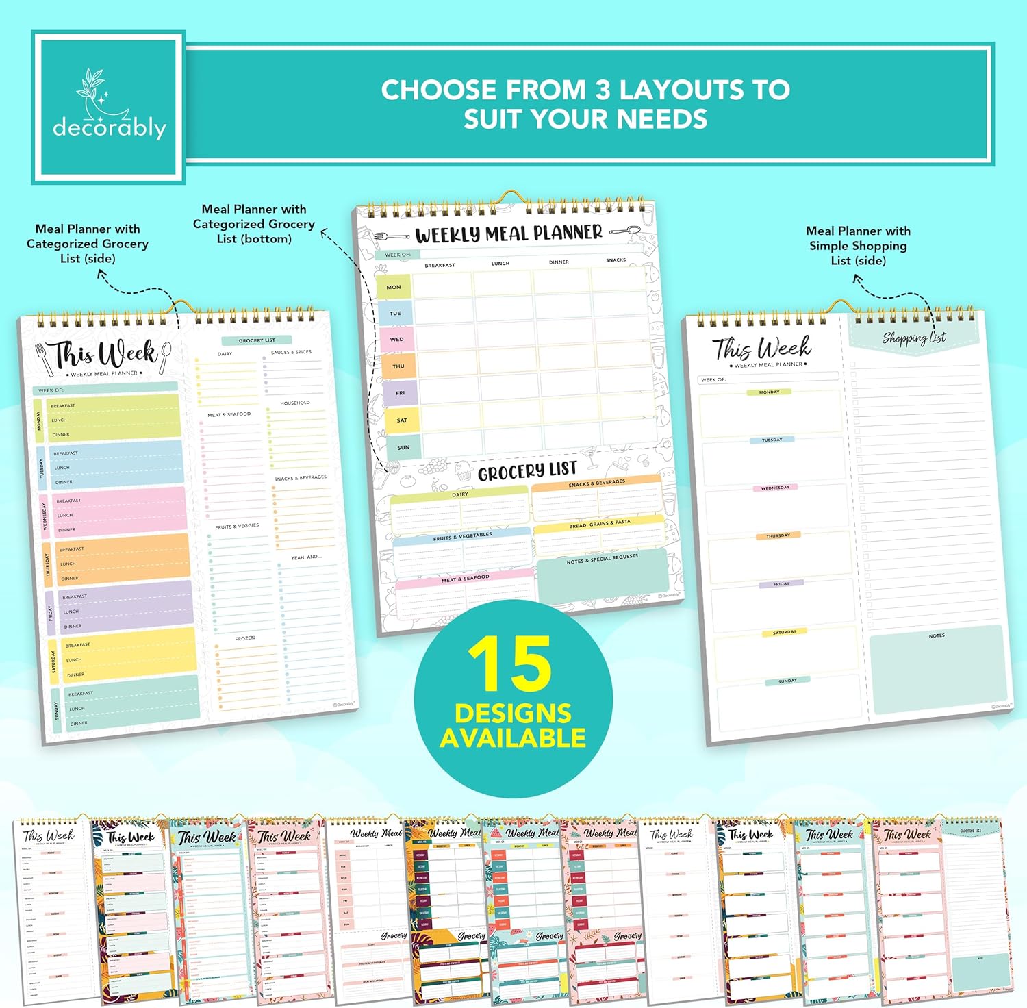 Petluno 52 Sheets Pastel Rainbow Undated Magnetic Weekly Meal Planner for Fridge with Grocery List and 4 Strong Magnets - 7x10in Spring-Bound, Refrigerator Mountable, Easy Tear-Off Design