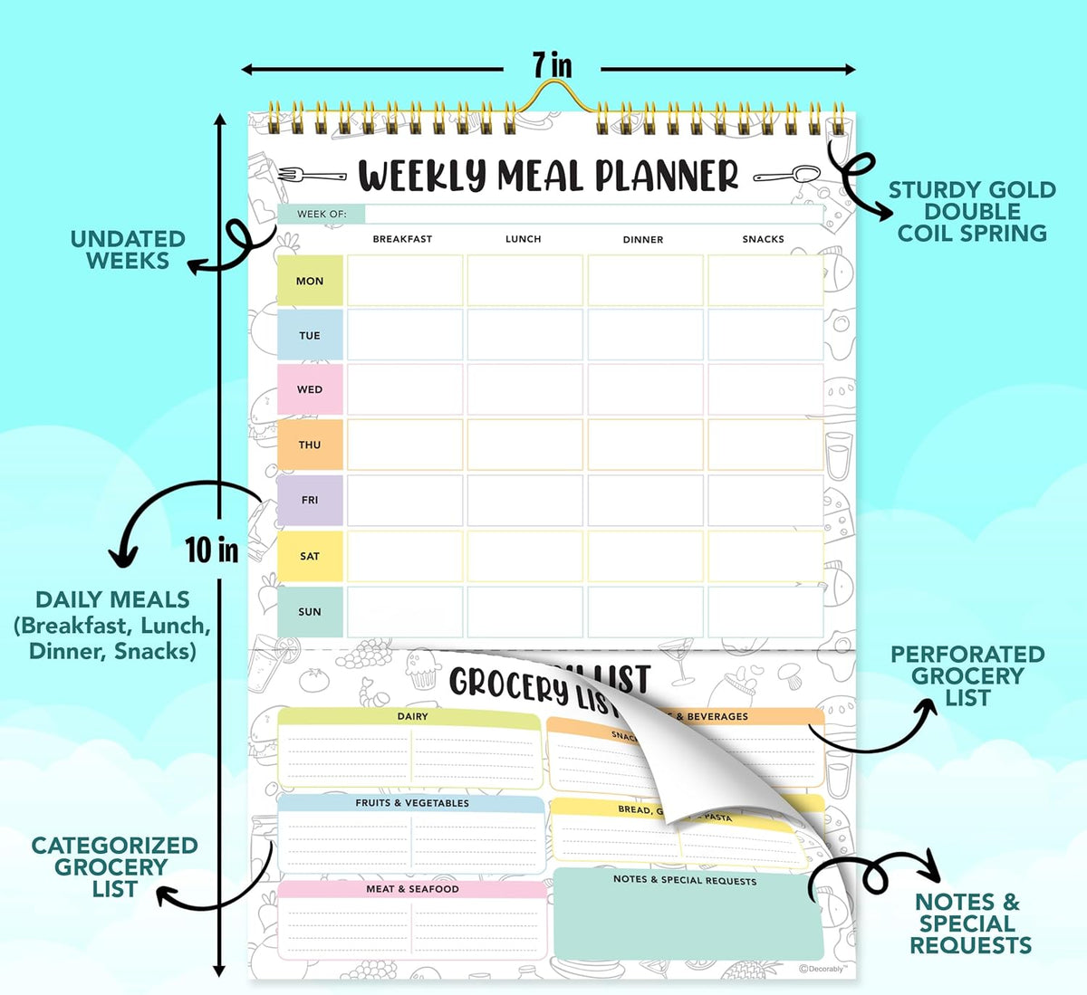 Petluno 52 Sheets Pastel Rainbow Undated Magnetic Weekly Meal Planner for Fridge with Grocery List and 4 Strong Magnets - 7x10in Spring-Bound, Refrigerator Mountable, Easy Tear-Off Design