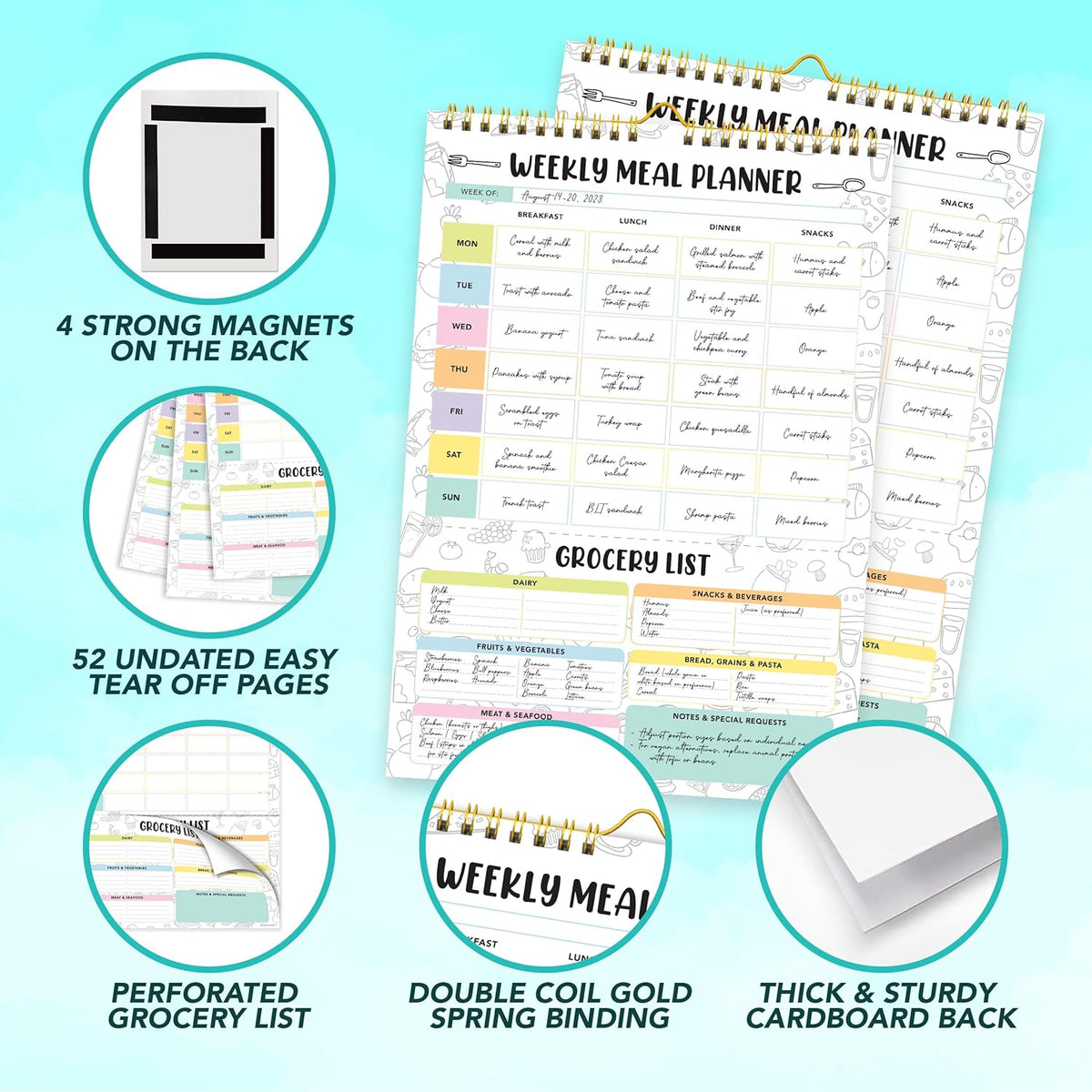 Petluno 52 Sheets Pastel Rainbow Undated Magnetic Weekly Meal Planner for Fridge with Grocery List and 4 Strong Magnets - 7x10in Spring-Bound, Refrigerator Mountable, Easy Tear-Off Design