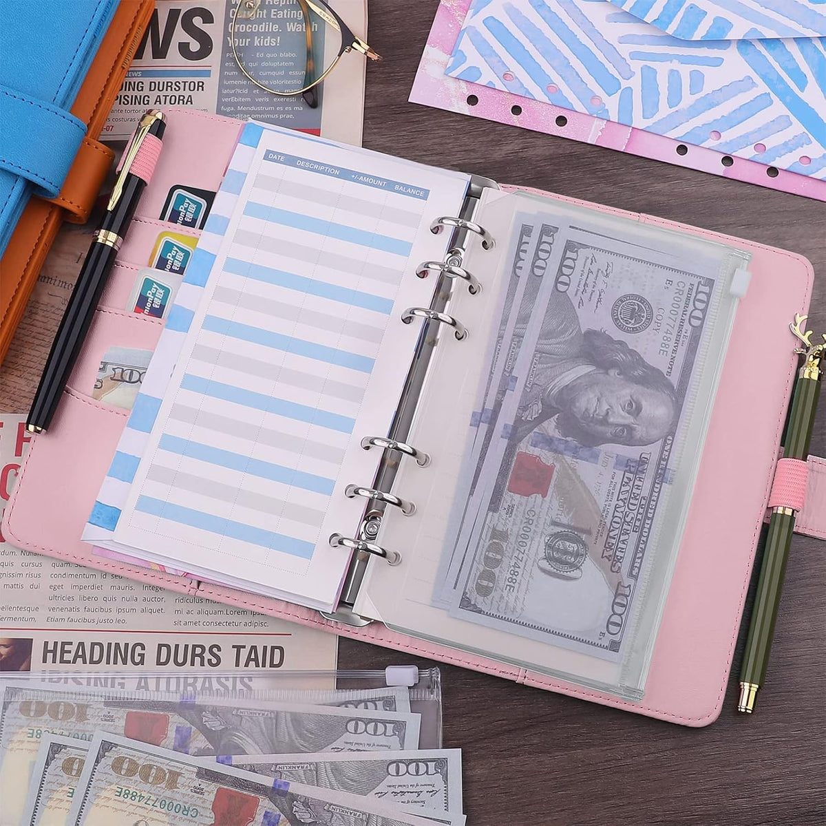 Petluno A6 PU Leather Notebook Binder 6 Ring Refillable Budget Cover for Refill Paper, Loose Leaf Personal Planner Organizer with Magnetic Buckle School, Office, Travel & Photocard, Pink