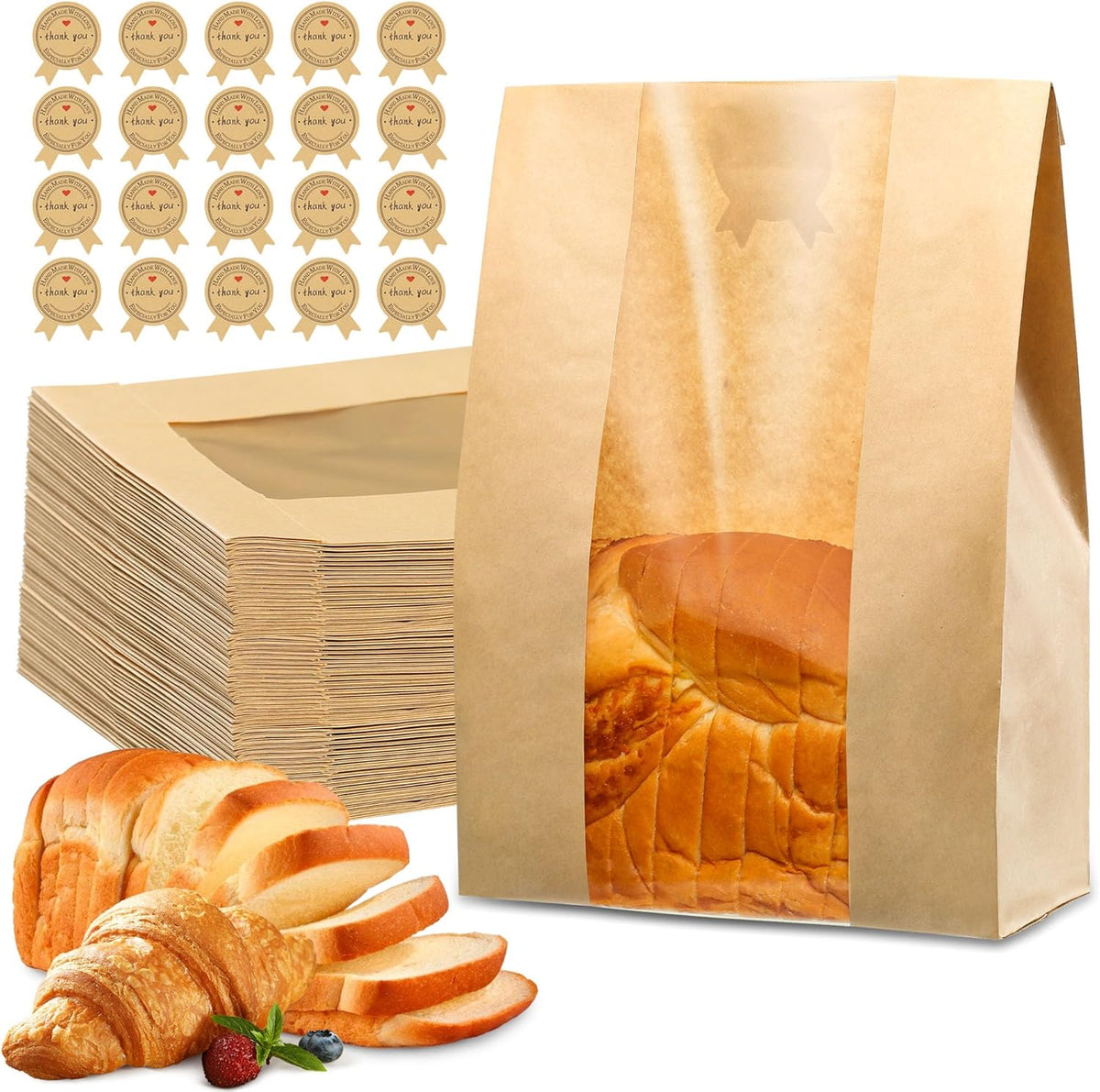 50 Pcs Bread Bags for Homemade Bread, Sourdough Paper With Window, 50% Thicker 13.7x8.2x3.7in A Large Bakery Used Storage Cookies &amp; Snacks, 60 Cute Sealing Stickers Ties
