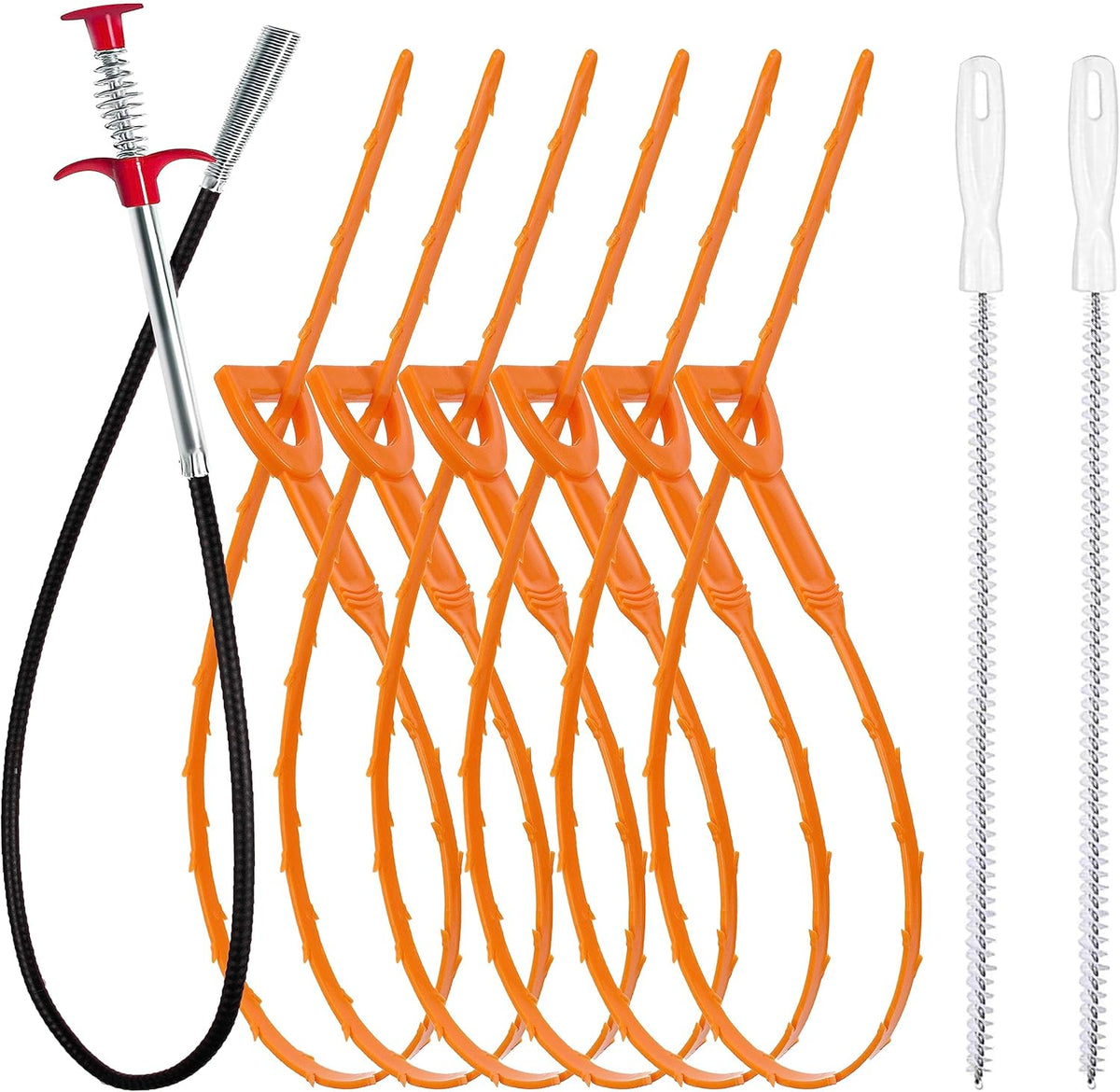 35.5-inch Drain Clog Remover (1 piece), 25-inch Snake Hair Remover (6 pieces) &amp; Cleaning Brush (2 pieces), Catcher Auger Cleaner Tool Set For Toilet, Kitchen Sink, Bathroom Tub, Sewer, 9 Pack