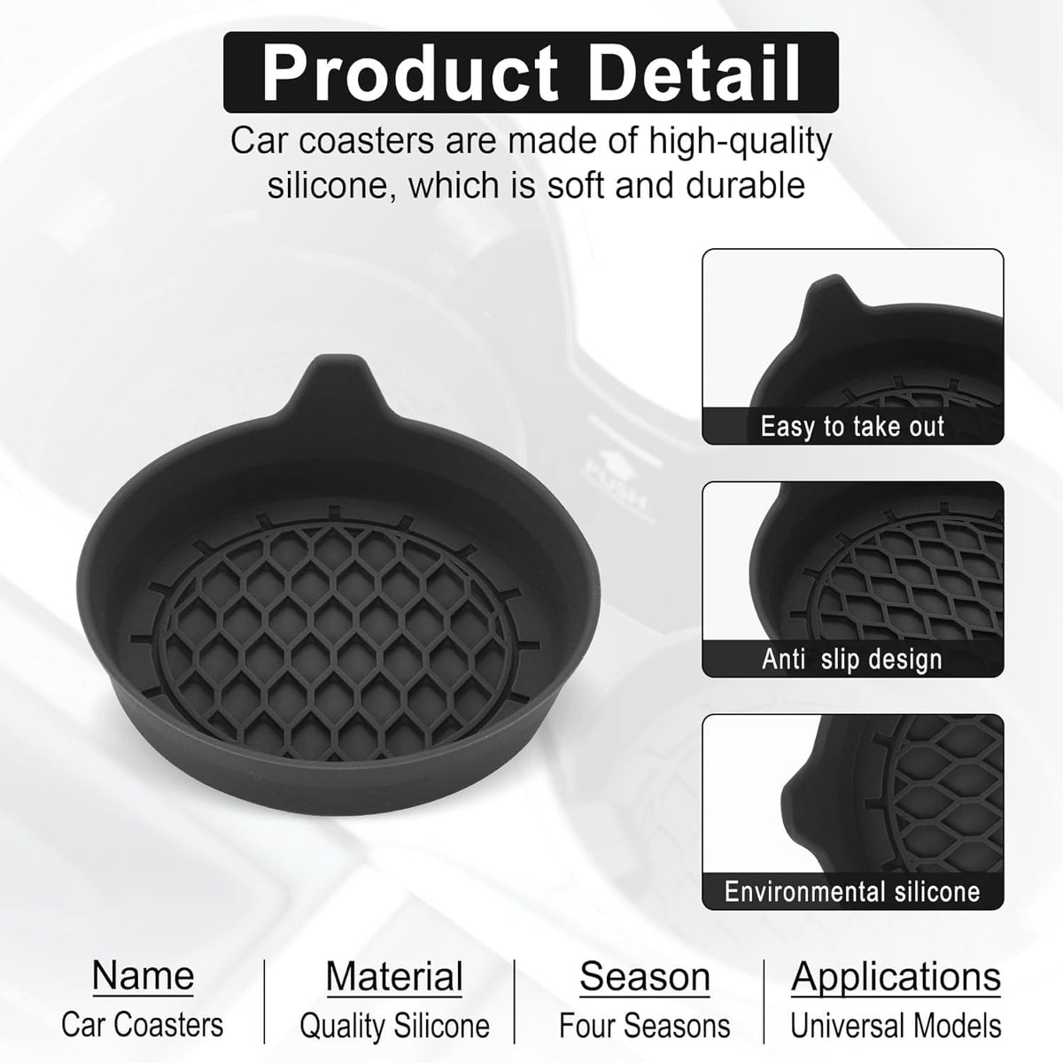 Petluno Car Cup Holder Coaster, Silicone Insert, Universal Non-Slip Holders, Interior Accessories for Women and Men, 4 Pack Black