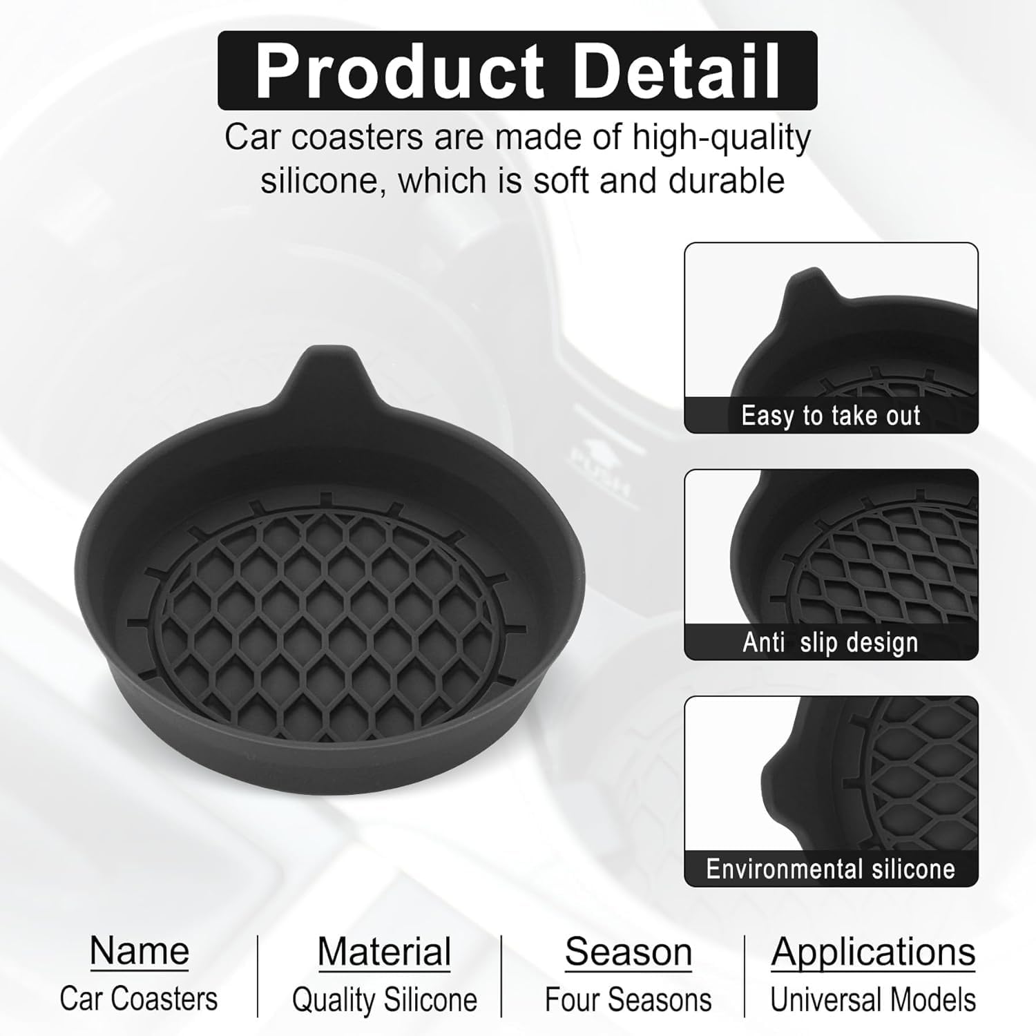 Petluno Car Cup Holder Coaster, Silicone Insert, Universal Non-Slip Holders, Interior Accessories for Women and Men, 4 Pack Black