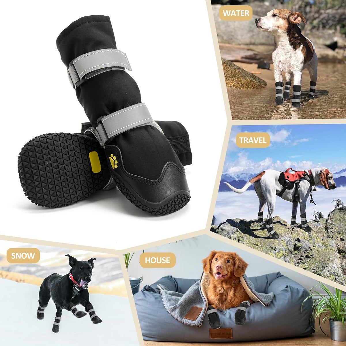 Anti-slip dog shoes with reflective strips, high waterproof dog boots, durable leather rubber sole dog paw protectors for small, medium and large dogs, 4 pieces (XL, black)