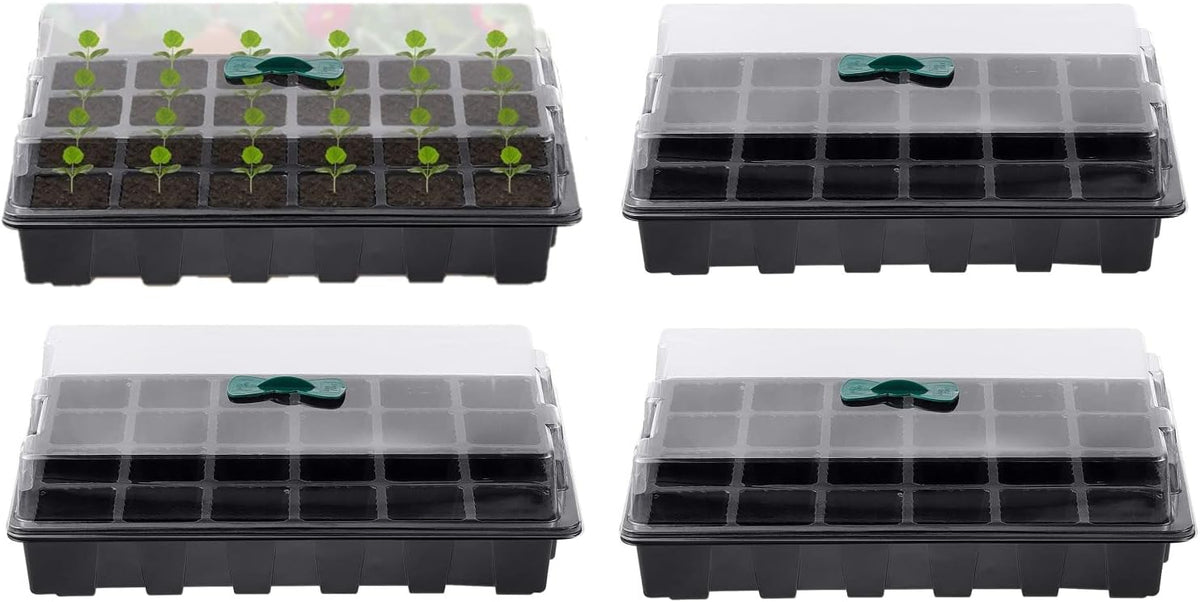 Petluno 4-piece seedling trays, 24-cell plastic seedling propagation trays, flower seed growing containers with adjustable ventilation openings for greenhouse, garden, home (with lids and bases)