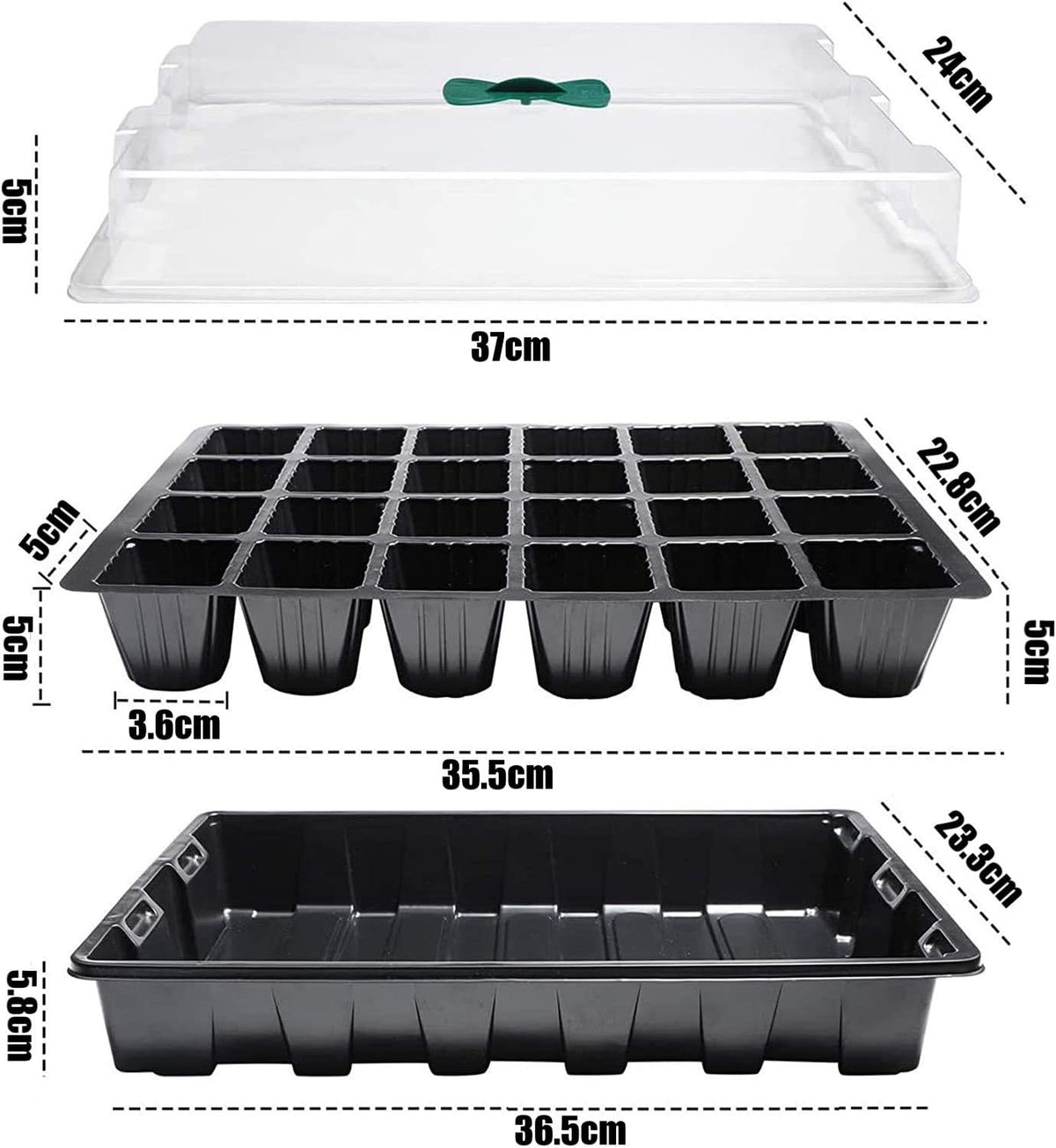 Petluno 4-piece seedling trays, 24-cell plastic seedling propagation trays, flower seed growing containers with adjustable ventilation openings for greenhouse, garden, home (with lids and bases)