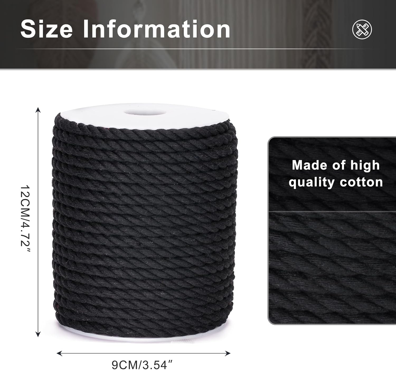 Petluno Macramé Cord 6 mm, 30 m Black Cotton Rope Thick for Crafting, Wall Hangings, Plant Hangers, Knitting, Gardening, Decoration Black 6mm 30m