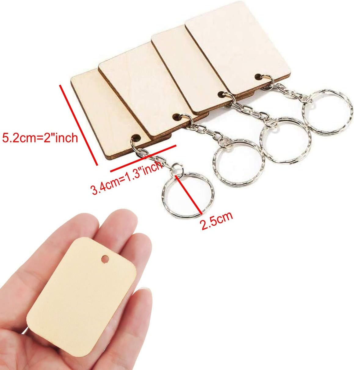 Petluno 100 x Rectangle Unfinished Wooden Planks Pieces of Wood with Holes and Keyrings for Crafting, Labels Pyrography, Wedding Gift, Christmas Decorations, Party Favors Gift