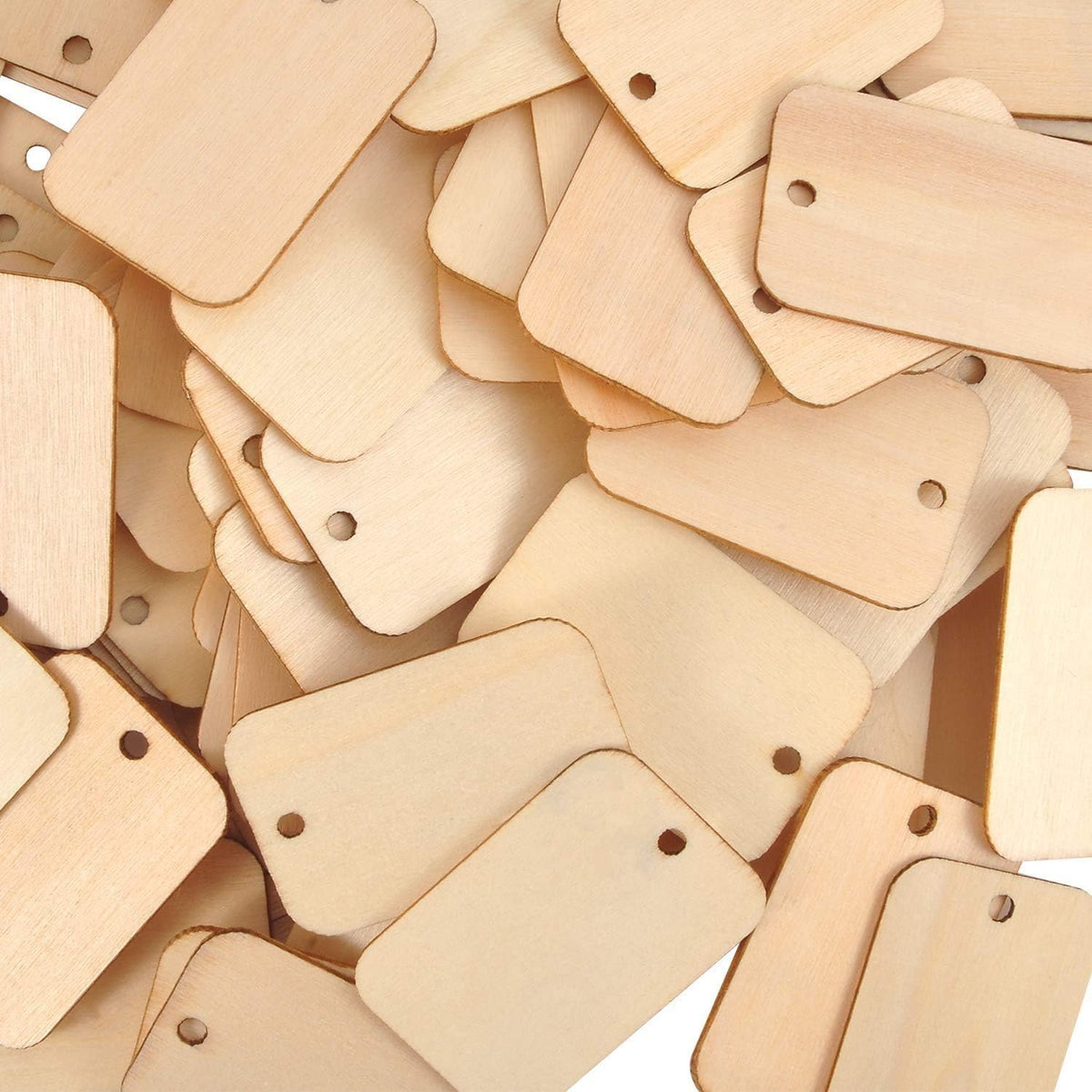 Petluno 100 x Rectangle Unfinished Wooden Planks Pieces of Wood with Holes and Keyrings for Crafting, Labels Pyrography, Wedding Gift, Christmas Decorations, Party Favors Gift