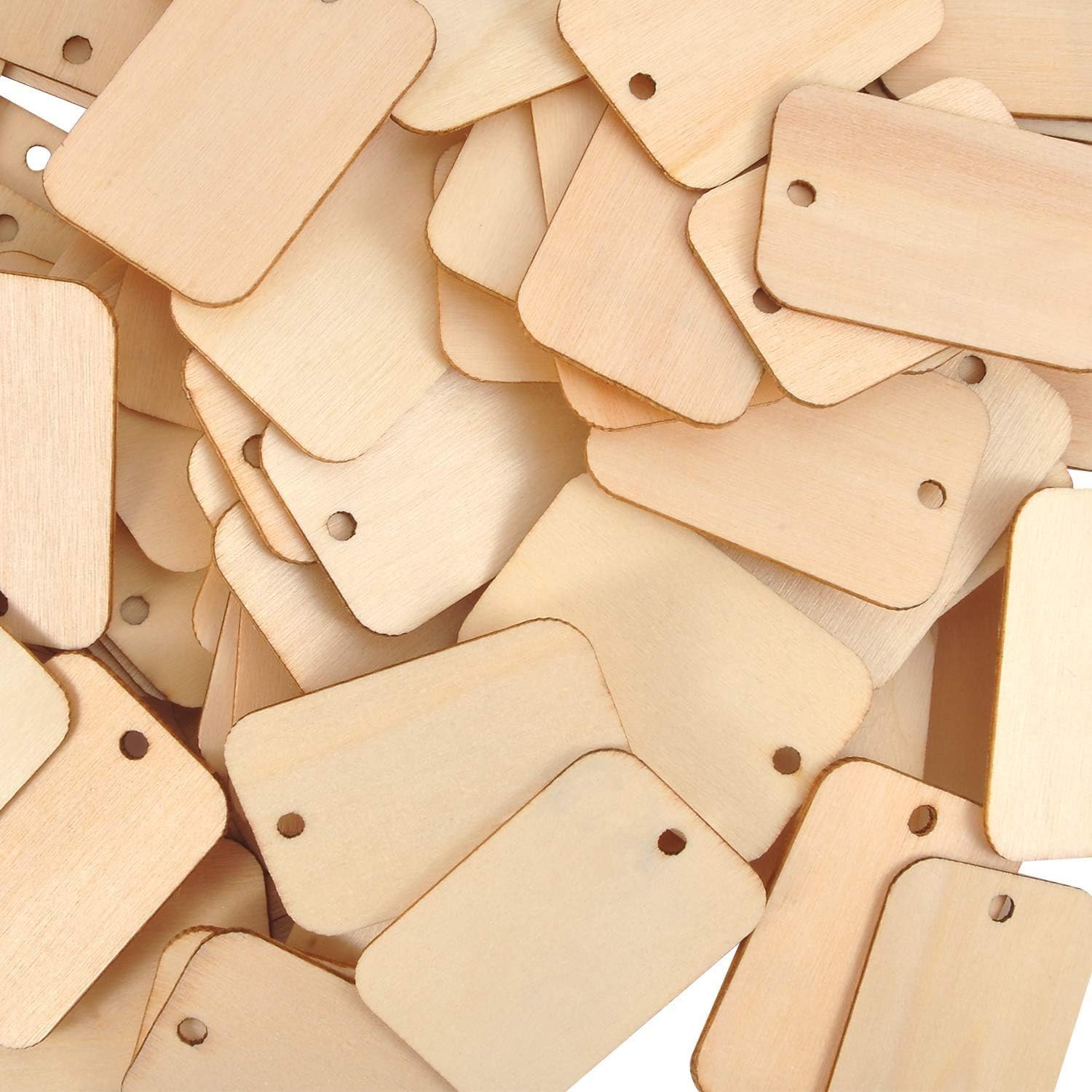 Petluno 100 x Rectangle Unfinished Wooden Planks Pieces of Wood with Holes and Keyrings for Crafting, Labels Pyrography, Wedding Gift, Christmas Decorations, Party Favors Gift