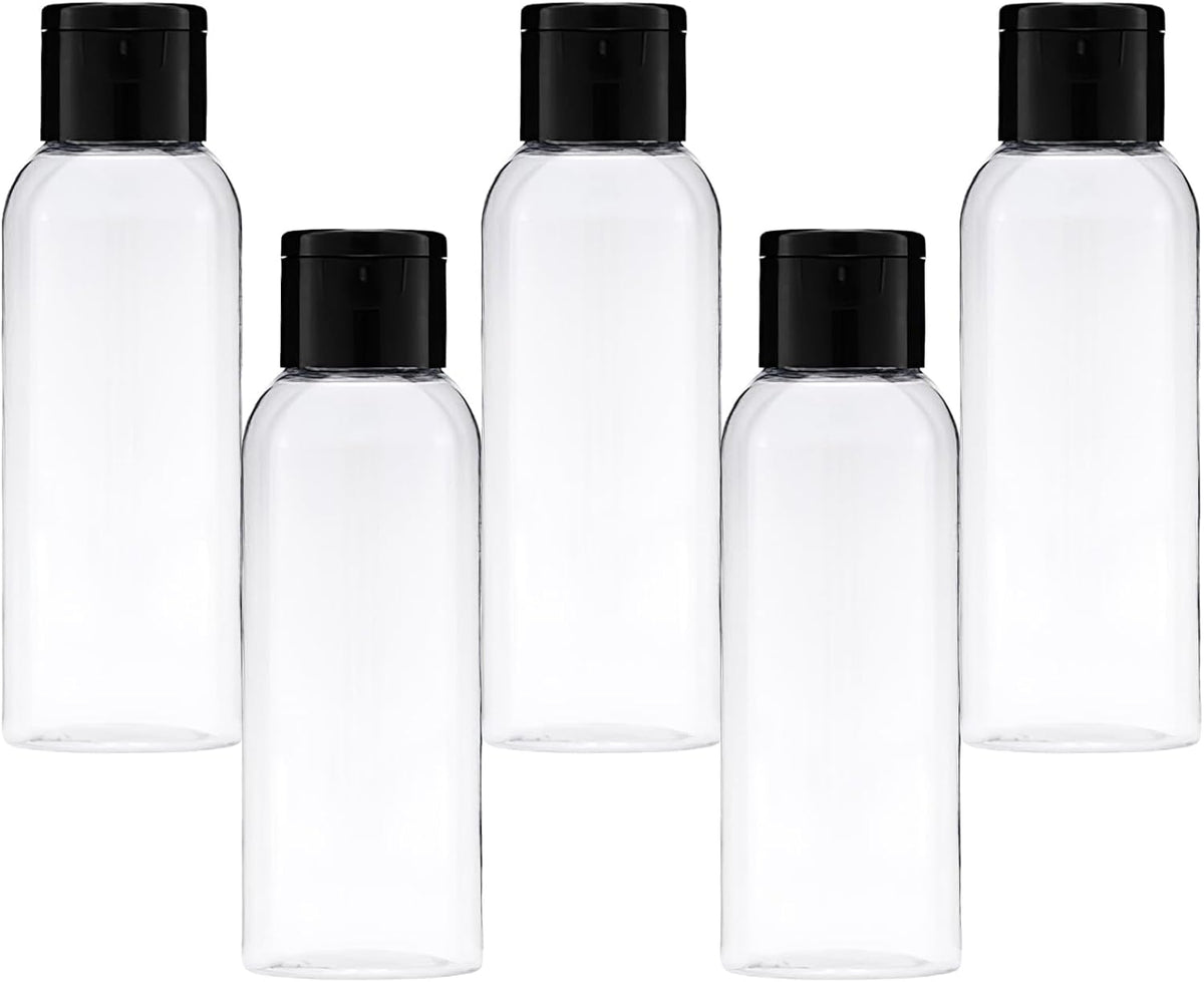 5-piece travel bottle set with flip-cap, 60 ml refillable plastic bottles, empty dispenser for shampoo, travel size, lotion, essential oils, makeup remover, transparent and leak-proof