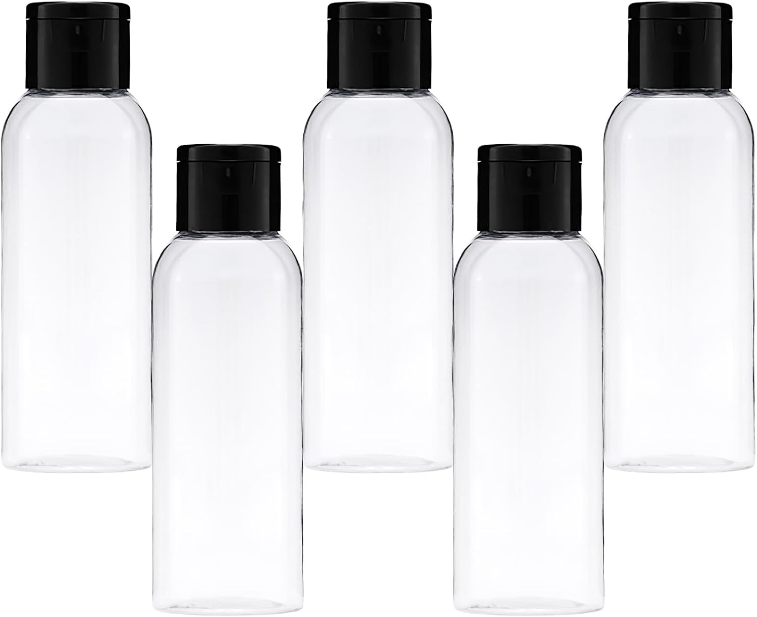 5-piece travel bottle set with flip-cap, 60 ml refillable plastic bottles, empty dispenser for shampoo, travel size, lotion, essential oils, makeup remover, transparent and leak-proof