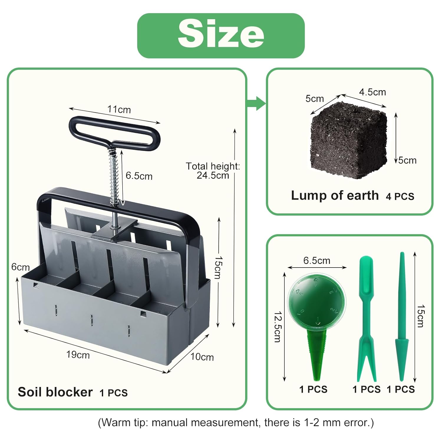 Manual clod crusher, 2 inch ground blocking with sowing tool sets, plant tool set for planting, sowing, growing, greenhouse (8 pieces) M