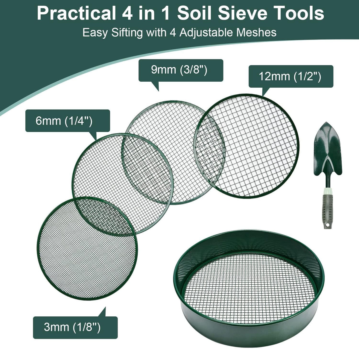Garden sieve, soil sieve with interchangeable mesh sizes 3, 6, 9 and 12 mm, perfect garden tool for sifting soil, stones and compost.