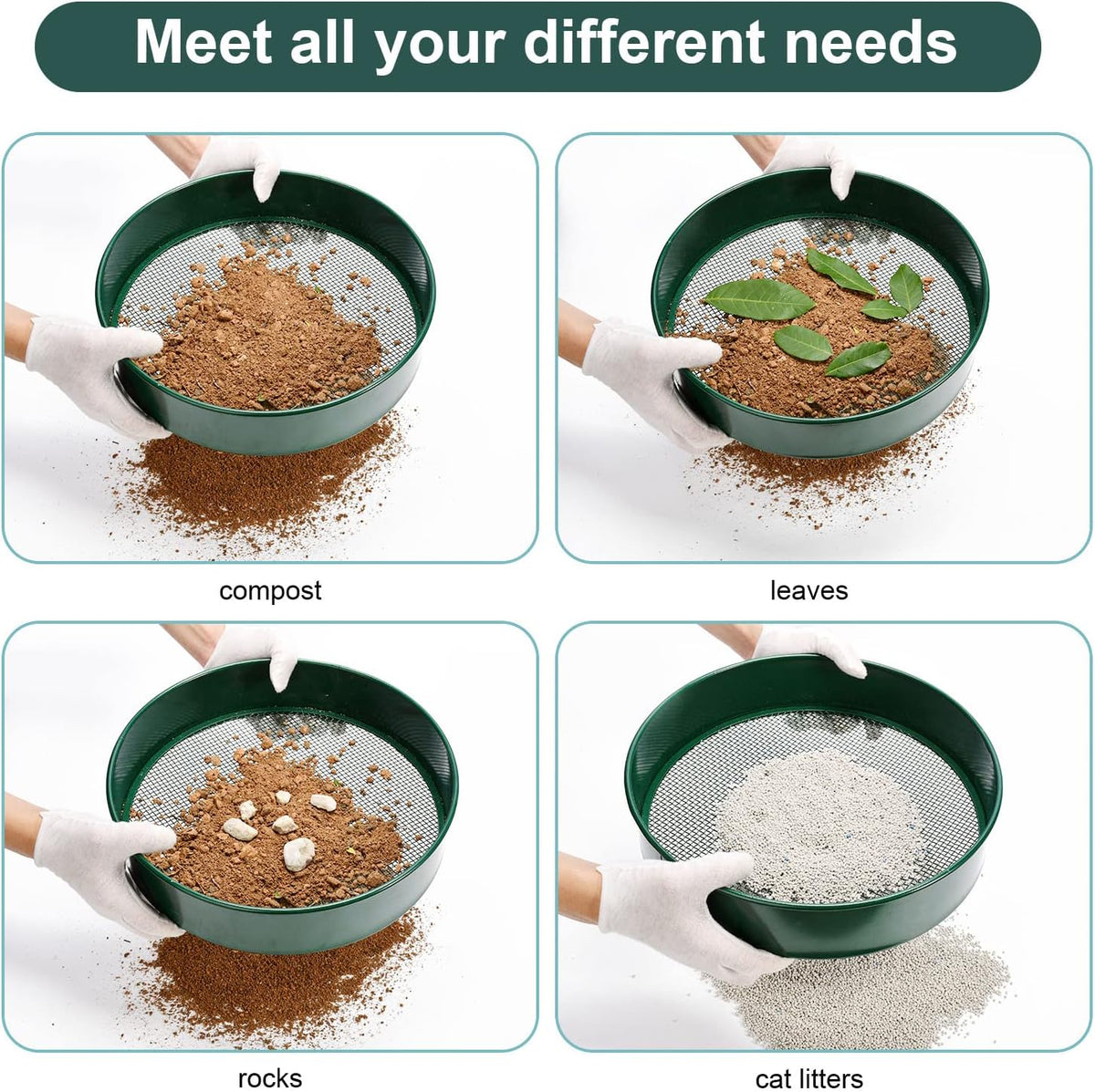 Garden sieve, soil sieve with interchangeable mesh sizes 3, 6, 9 and 12 mm, perfect garden tool for sifting soil, stones and compost.