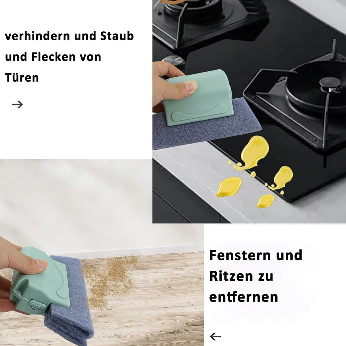 Cleaning brush with slot, 3 cleaning brushes and 6 replacement pads, kitchen cleaning set, for cleaning all corners windows doors, grey, green, cream-coloured