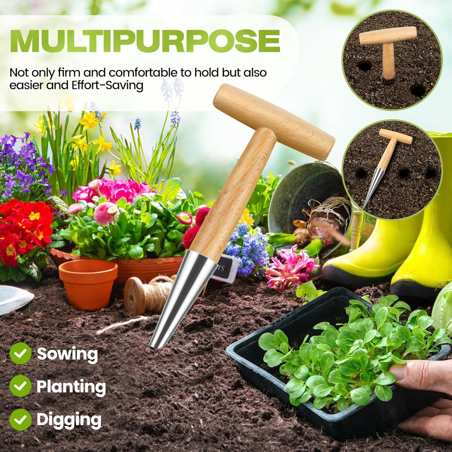 Flower bulbs, plant stakes, flower bulbs with T-grip, bulb planting aids, onion sets, garden vegetables, flowers and tulip bulbs