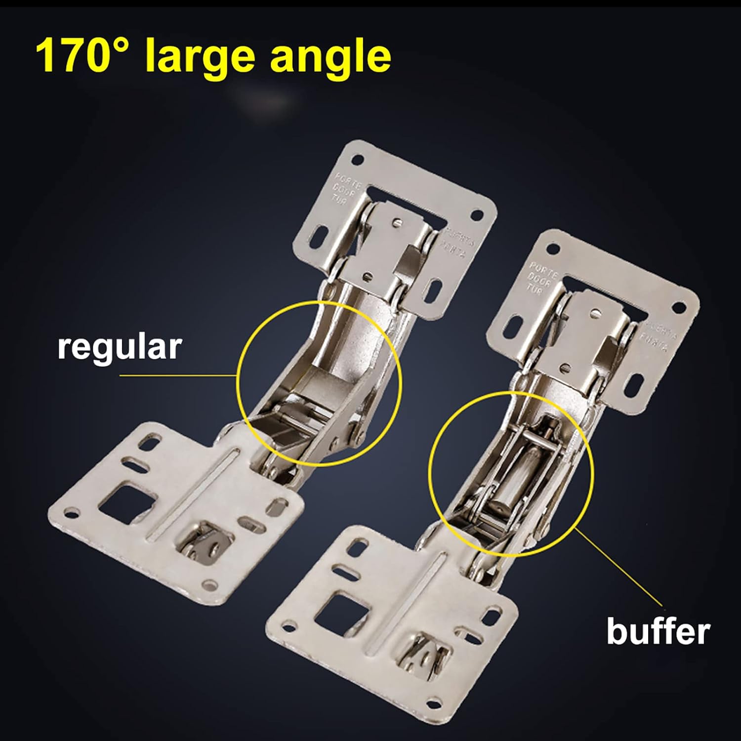 Spring-loaded hinge, 170 degrees, for kitchen cabinets, door hinges, large angle door hinges, angle stop, self-closing hinge, 4 pieces, improved version with buffer damping