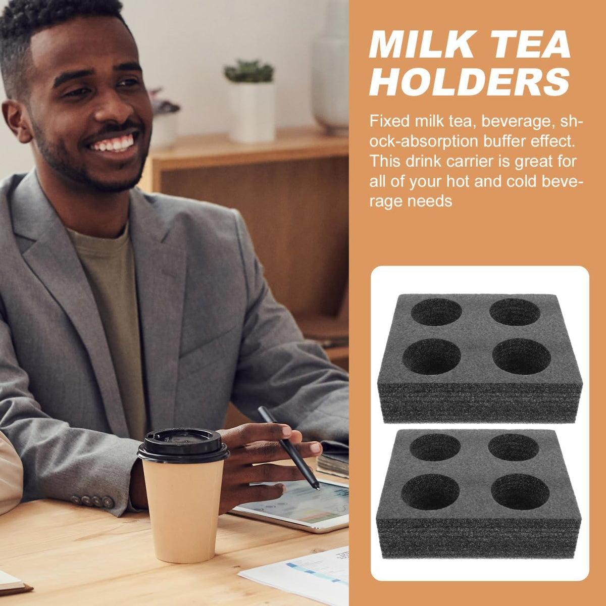 Takeaway Coffee Cup Bottle Carrier: 2Pcs Black Holders Foam - Hot or Cold Drinks Carrier Trays - Beverage Trays for Package Service - Packaging Supplies