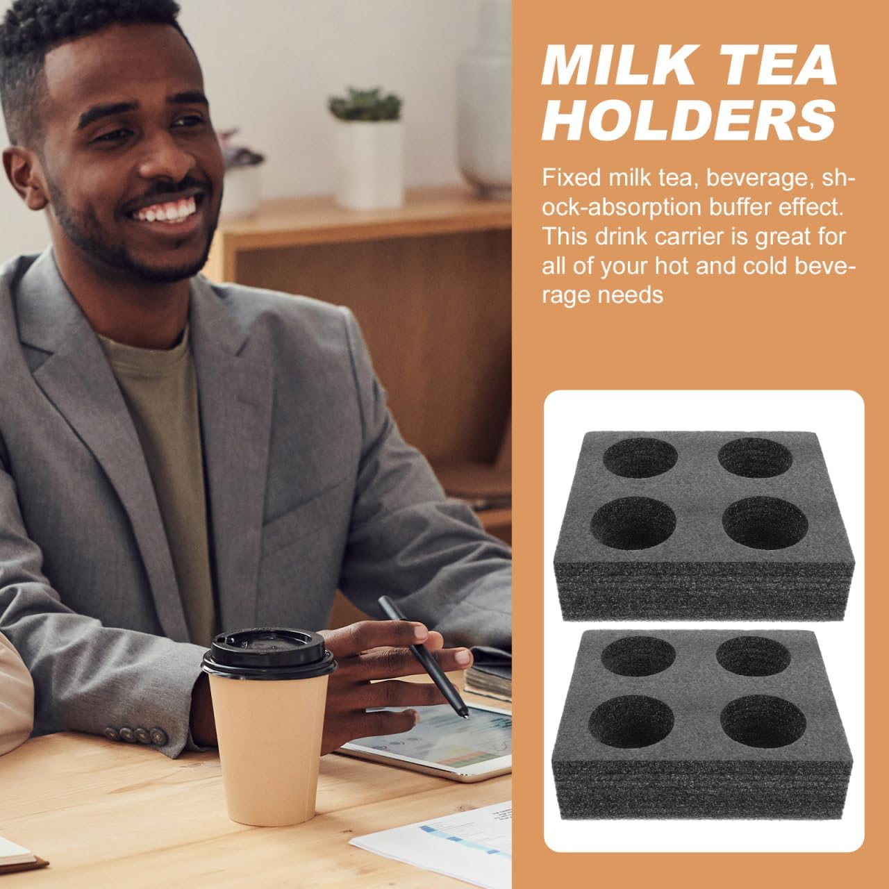 Takeaway Coffee Cup Bottle Carrier: 2Pcs Black Holders Foam - Hot or Cold Drinks Carrier Trays - Beverage Trays for Package Service - Packaging Supplies