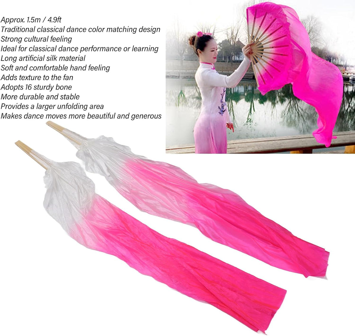 Dance Fan, 1 Pair Long Fan Belly Fans Folding Performance Classical (Pink)