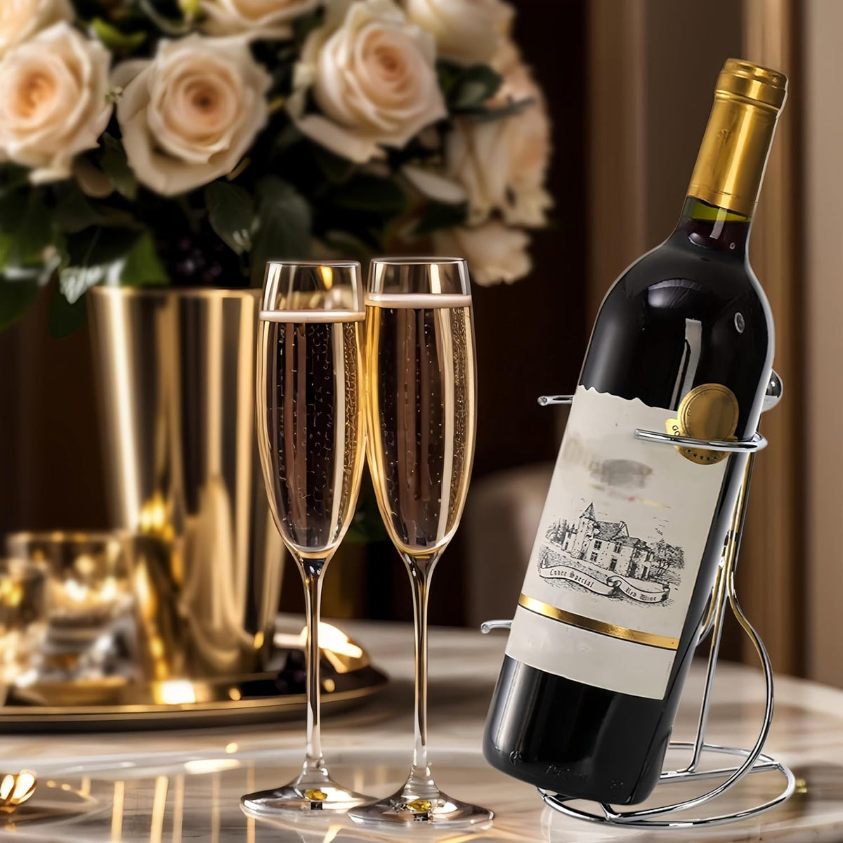4 Packs Single Wine Rack Countertop, Silver Metal Small Holder, Floating Bottle Holder for Storage, Cabinet, Pantry, Unique Tabletop as Gifts Lovers