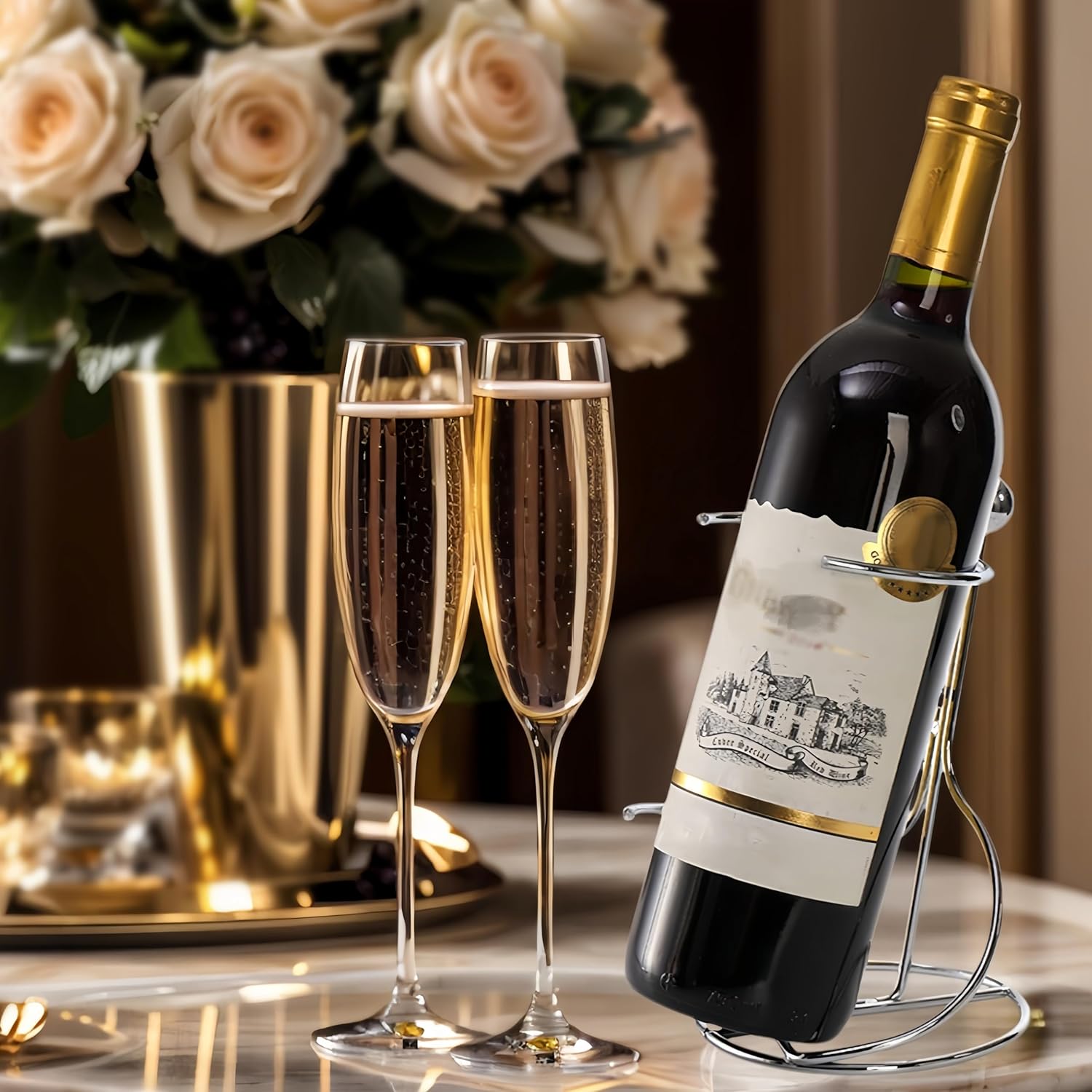 4 Packs Single Wine Rack Countertop, Silver Metal Small Holder, Floating Bottle Holder for Storage, Cabinet, Pantry, Unique Tabletop as Gifts Lovers