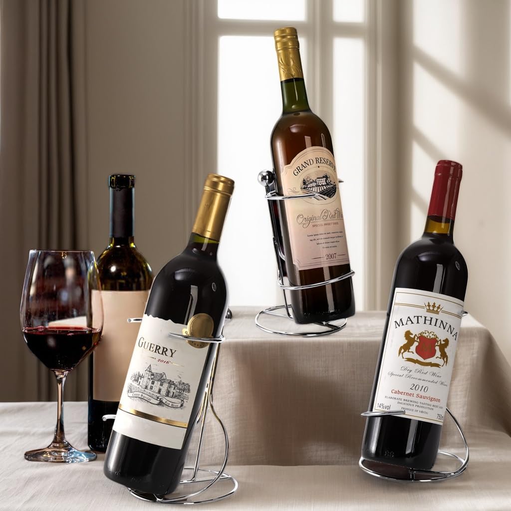 4 Packs Single Wine Rack Countertop, Silver Metal Small Holder, Floating Bottle Holder for Storage, Cabinet, Pantry, Unique Tabletop as Gifts Lovers