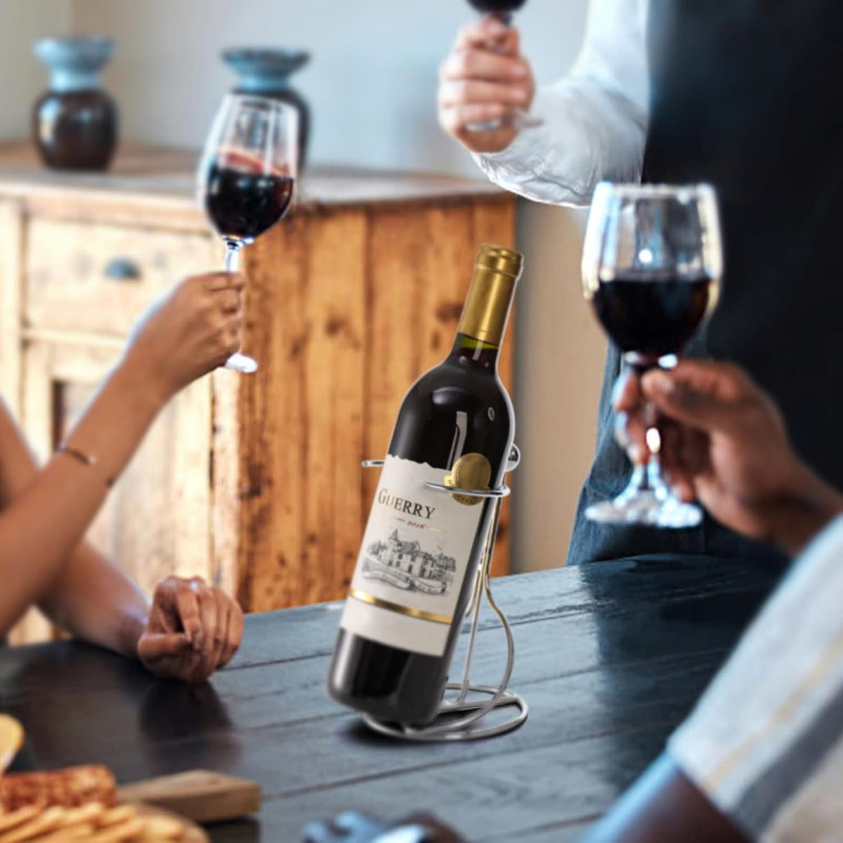 4 Packs Single Wine Rack Countertop, Silver Metal Small Holder, Floating Bottle Holder for Storage, Cabinet, Pantry, Unique Tabletop as Gifts Lovers