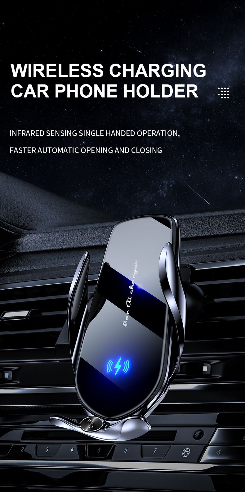 FJ22 Auto Clamping Wireless Car Charger Mount Infrared Air Vent Phone Holder，blue