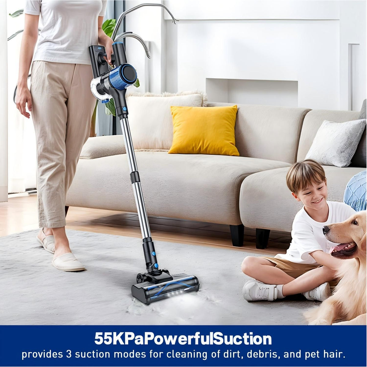Cordless Vacuum Cleaner, 8 In 1 Powerful Suction Lightweight Vacuum Cleaner For Home, Led Display, 3 Suction Modes, 55Kpa Powerful Suction，45mins Detachable Battery Vacuum For Hard Floor Carpet Pet Hair