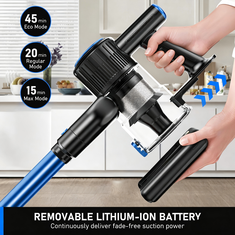 Cordless Vacuum Cleaner, 55Kpa/8 in 1 Powerful Suction Lightweight Vacuum Cleaner for Home, LED Display, 3 Suction Modes, 45Mins Detachable Battery Vacuum for Hard Floor Carpet Pet Hair