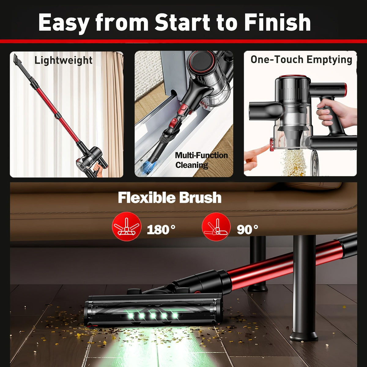 Cordless Vacuum Cleaner 8 in 1 55Kpa Powerful Suction Lightweight,LED Display,45Mins Detachable Battery Vacuum for Floor/Carpet