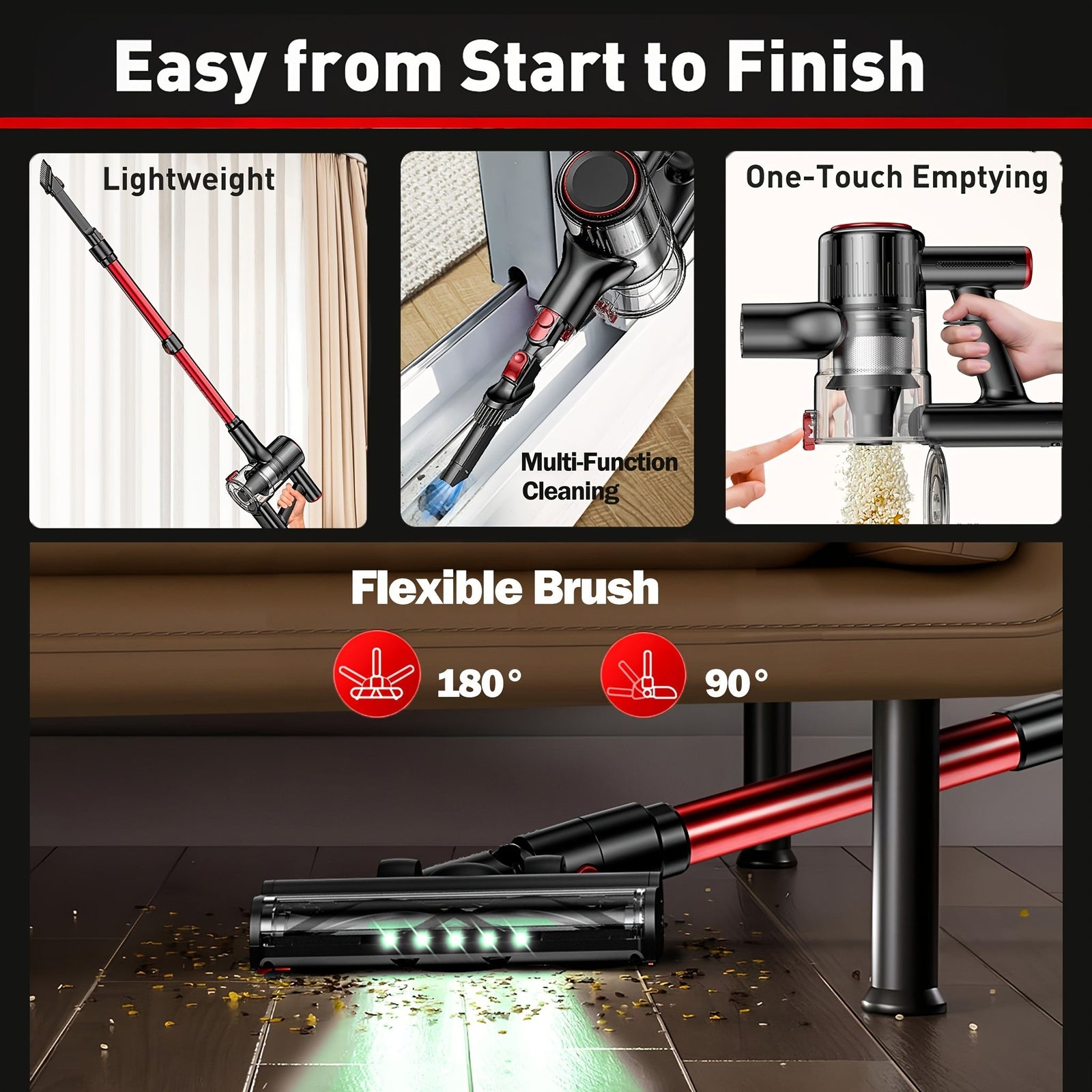 Cordless Vacuum Cleaner 8 in 1 55Kpa Powerful Suction Lightweight,LED Display,45Mins Detachable Battery Vacuum for Floor/Carpet