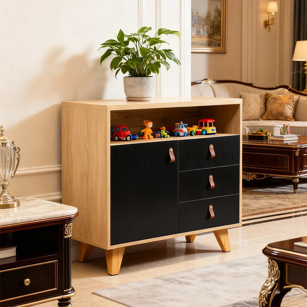 Eeeza Multi-Purpose Side Cabinet with 3 Drawers and 1 Door – Nordic Style Storage Unit with PU Handles