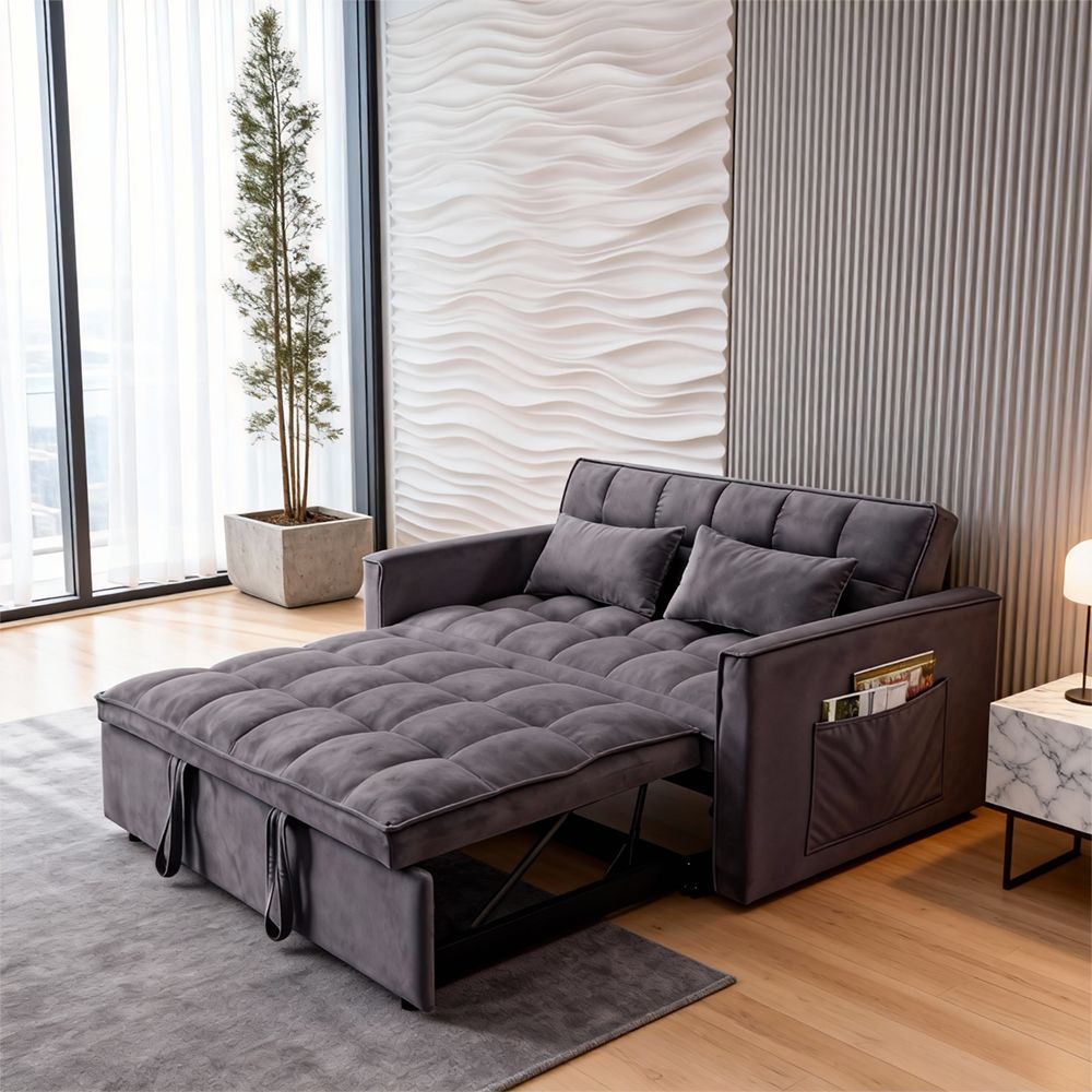 Fashionable Modern and Multi-functional Foldable Velvet Sofa Bed - Dark grey