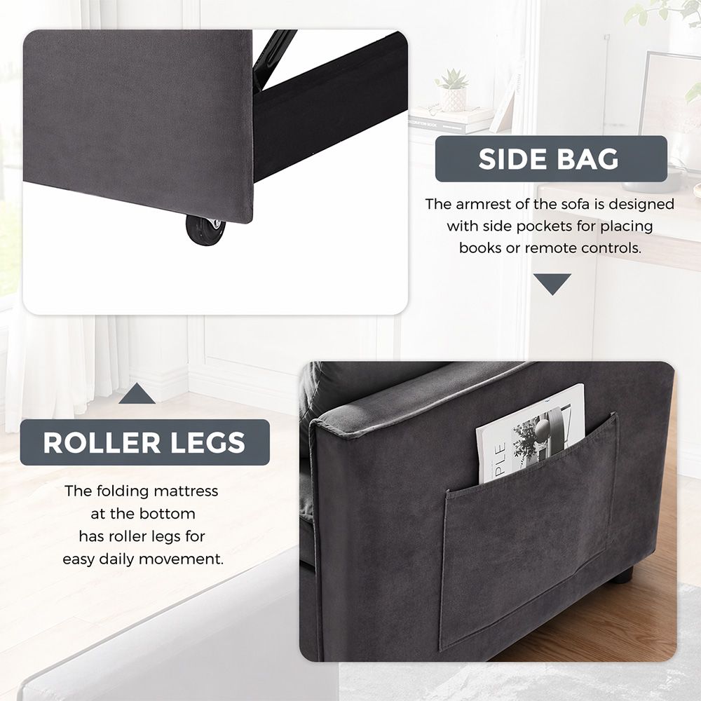 Fashionable Modern and Multi-functional Foldable Velvet Sofa Bed - Dark grey