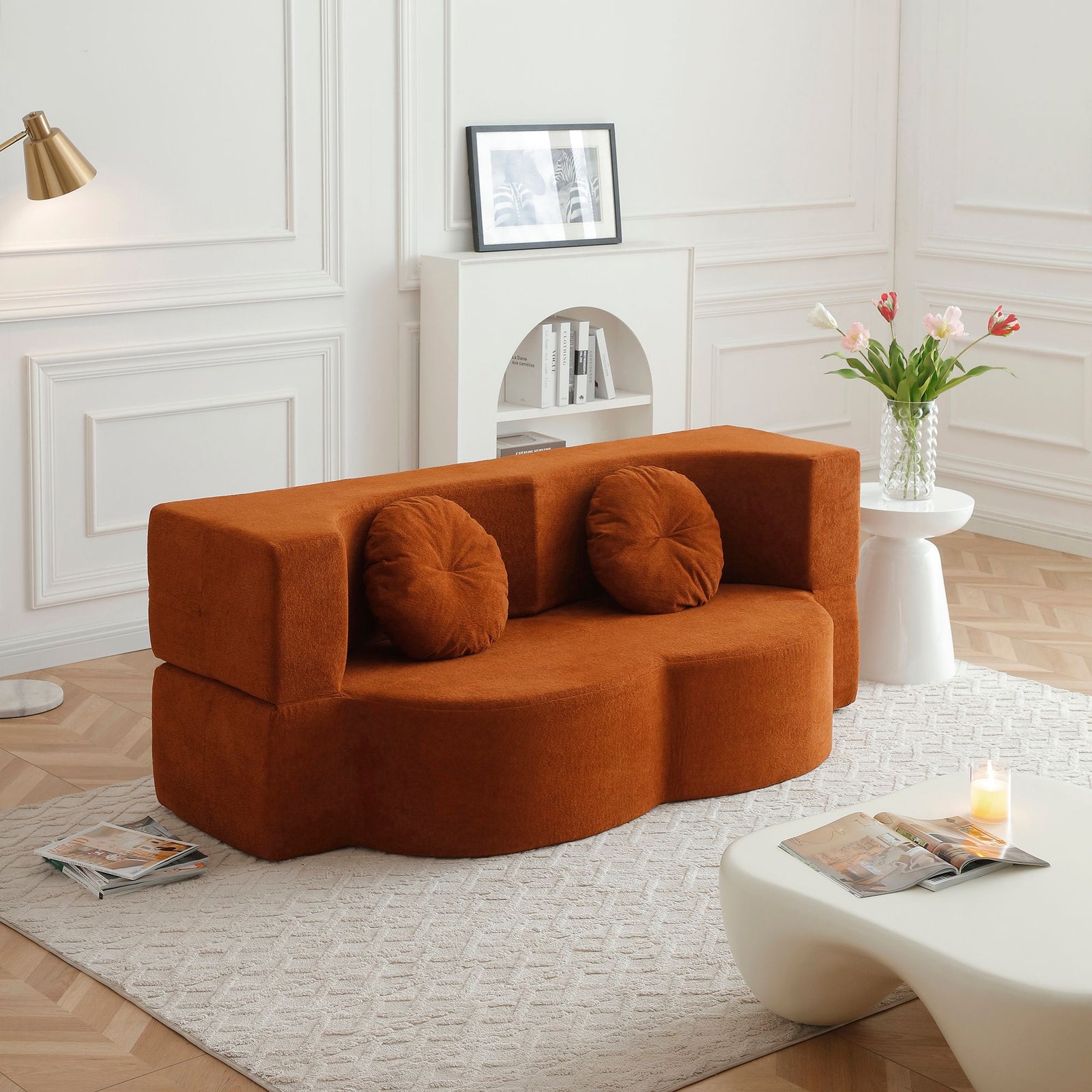 Convertible Folding Sofa Bed / Plush Corduroy Loveseat Couch - Orange