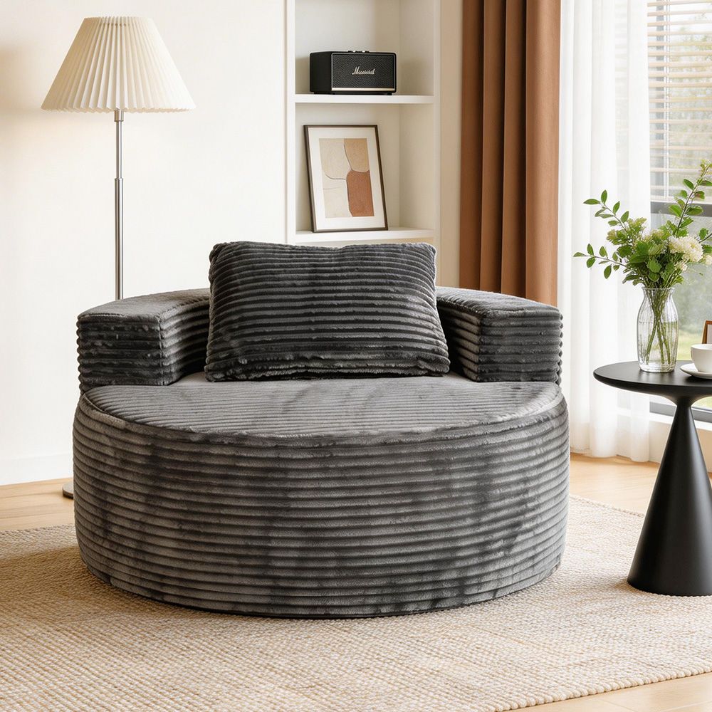 Modern Lazy Sofa with 3 Backrest Pillows, Corduroy, Round, Grey - Grey