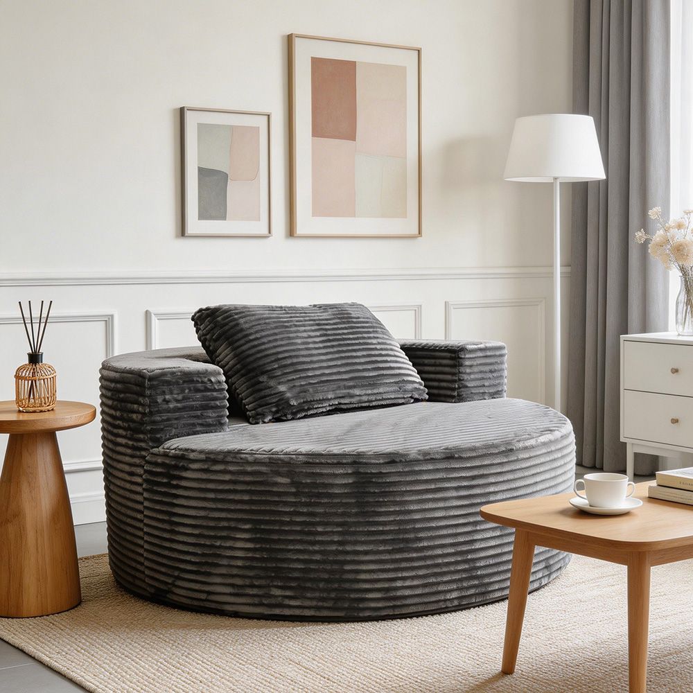 Modern Lazy Sofa with 3 Backrest Pillows, Corduroy, Round, Grey - Grey