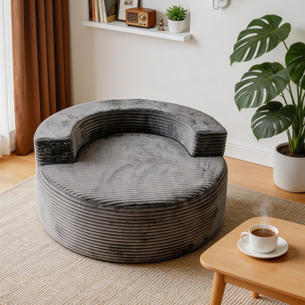 Modern Lazy Sofa with 3 Backrest Pillows, Corduroy, Round, Grey - Grey