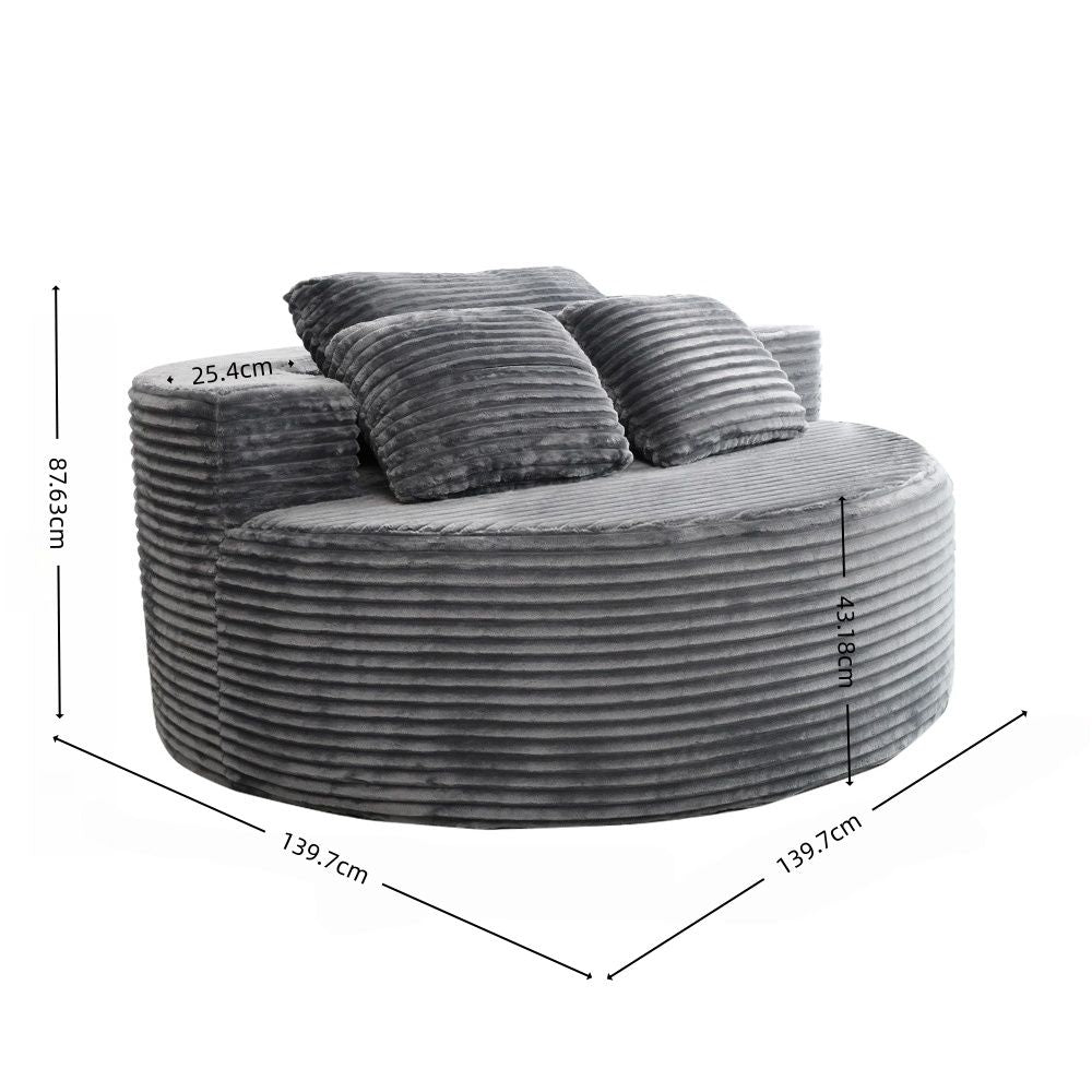 Modern Lazy Sofa with 3 Backrest Pillows, Corduroy, Round, Grey - Grey