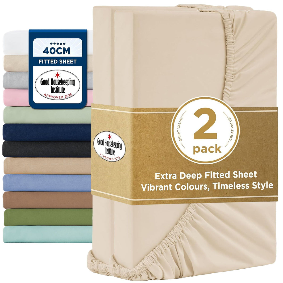 2000TC Hotel Quality Fitted Sheets - 2 Piece Fitted Sheets  -Breathable Bedding - Wrinkle, Fade, Stain Resistant- 16inch/40cm Deep Pocket Fitted Bed Sheets-Wrinkle and Fade Resistant,(Cream White,King)