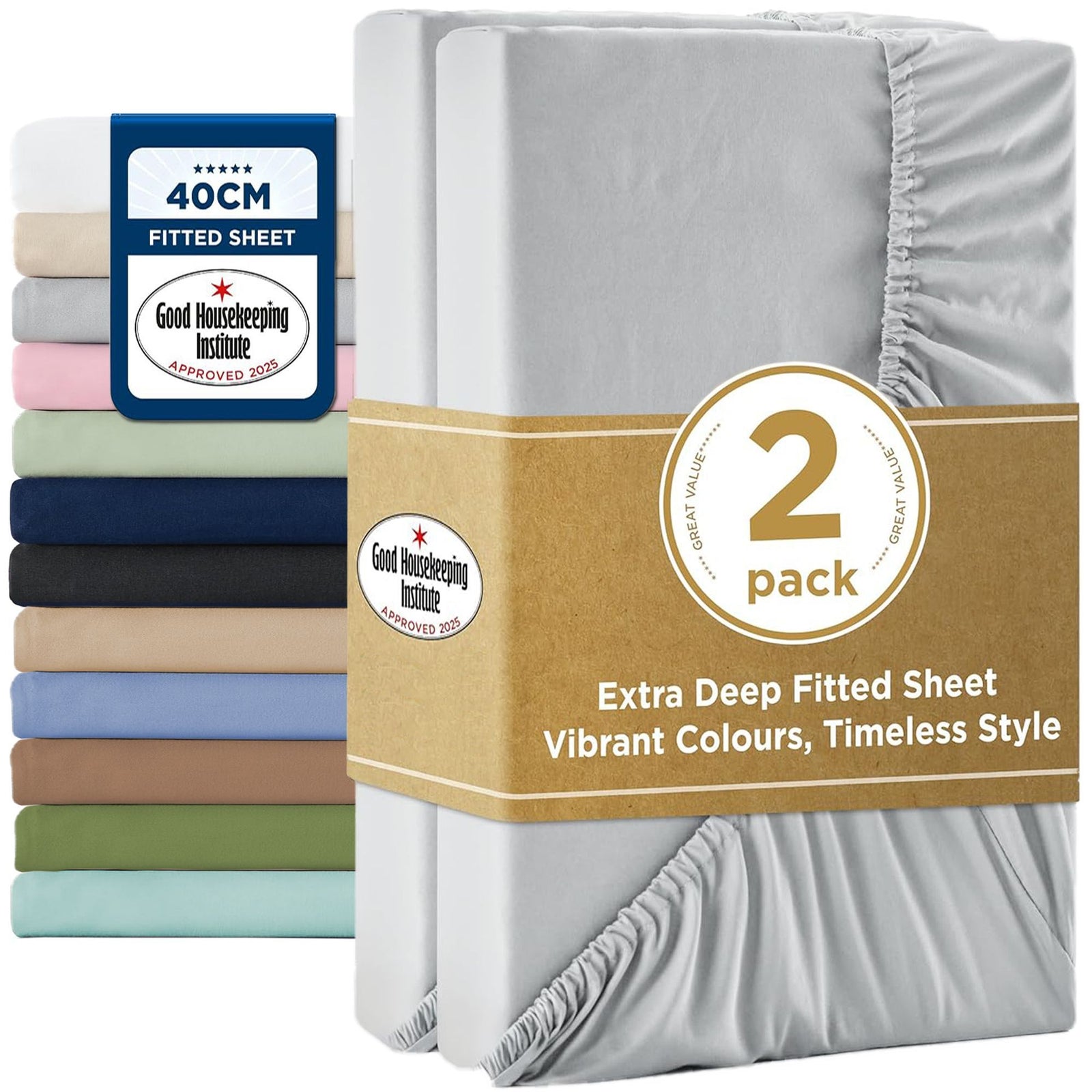 2000TC Hotel Quality Fitted Sheets - 2 Piece Fitted Sheets  -Breathable Bedding - Wrinkle, Fade, Stain Resistant- 16inch/40cm Deep Pocket Fitted Bed Sheets-Wrinkle and Fade Resistant,(Silver-gray,King Single)