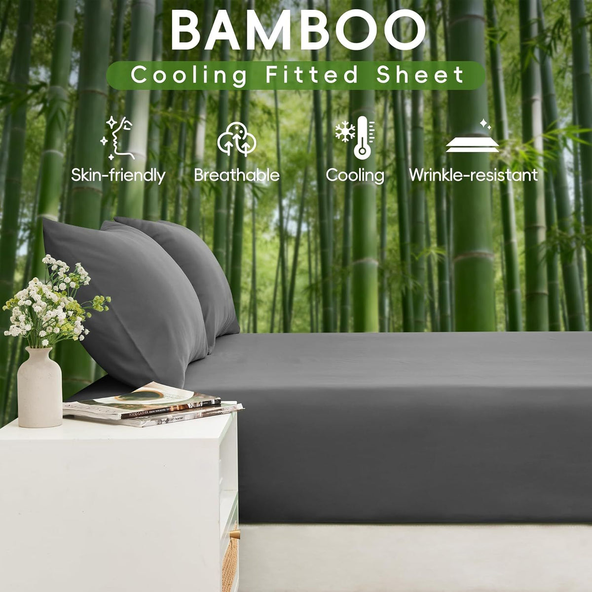 Hotel Breathable Bamboo Fitted Sheet & Pillowcase-3 Piece-Ultra Soft 2000TC Breathable Fitted Bed Sheets Set with 37 Centimetre Deep Pocket-Cooling Sheets for Hot Sleepers(Grey,Double)
