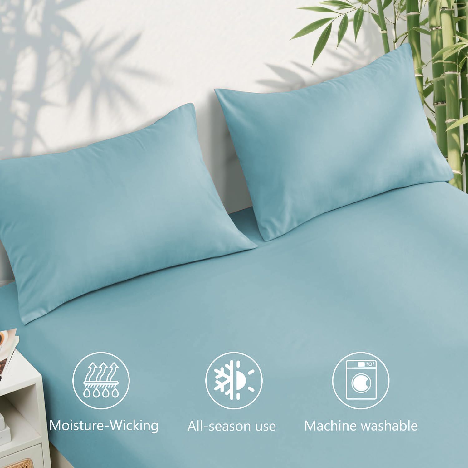 Hotel Breathable Bamboo Fitted Sheet & Pillowcase-3 Piece-Ultra Soft 2000TC Breathable Fitted Bed Sheets Set with 37 Centimetre Deep Pocket-Cooling Sheets for Hot Sleepers(Sky Blue,King)